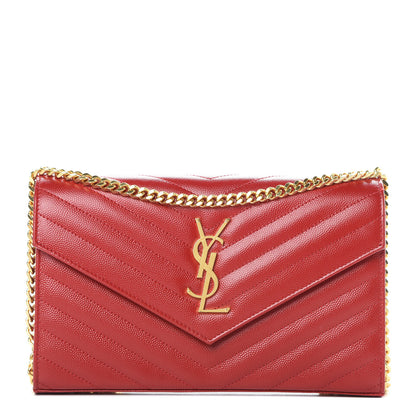 Saint Laurent Grain De Poudre Matelasse Chevron Monogram Chain Wallet Red 1 of 12