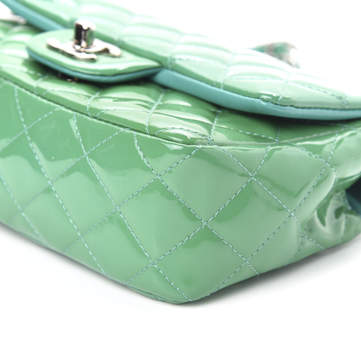 Patent Calfskin Quilted Mini Rectangular Flap Green