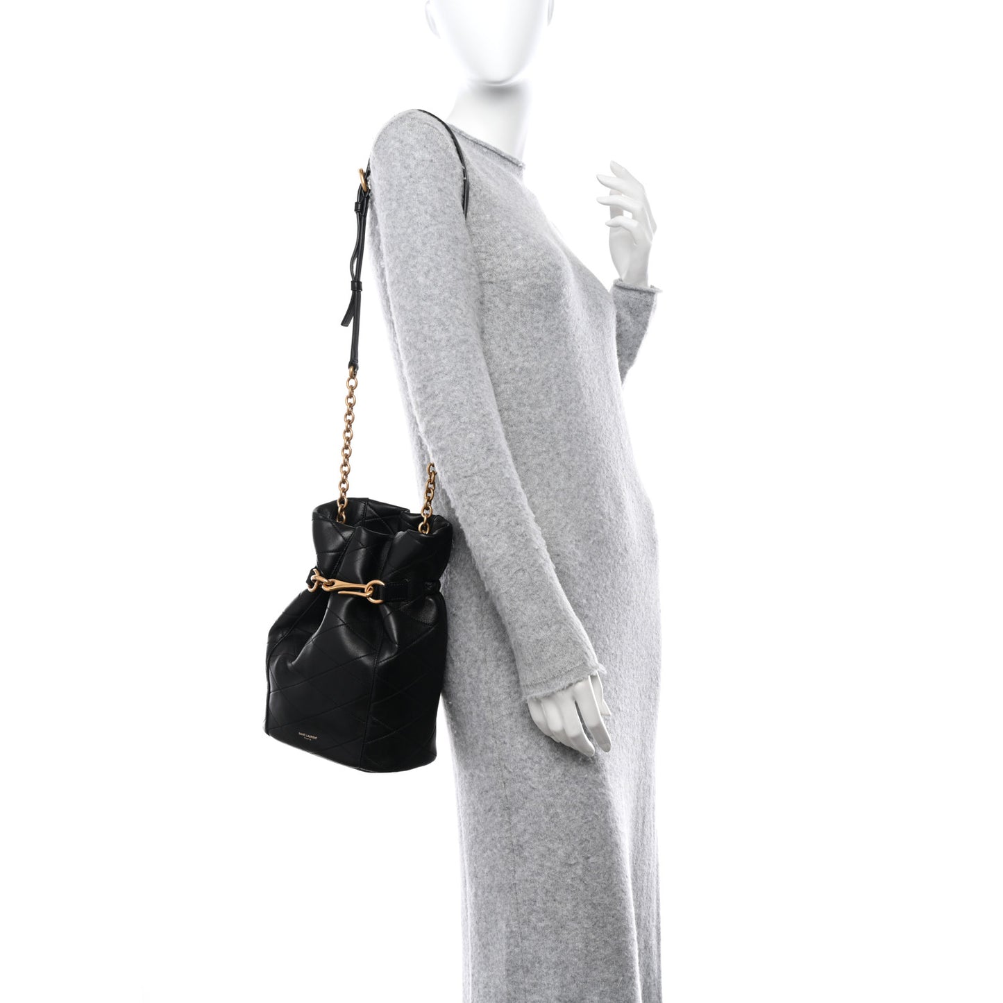 SAINT LAURENT Lambskin Quilted Le Maillon Bucket Bag Black