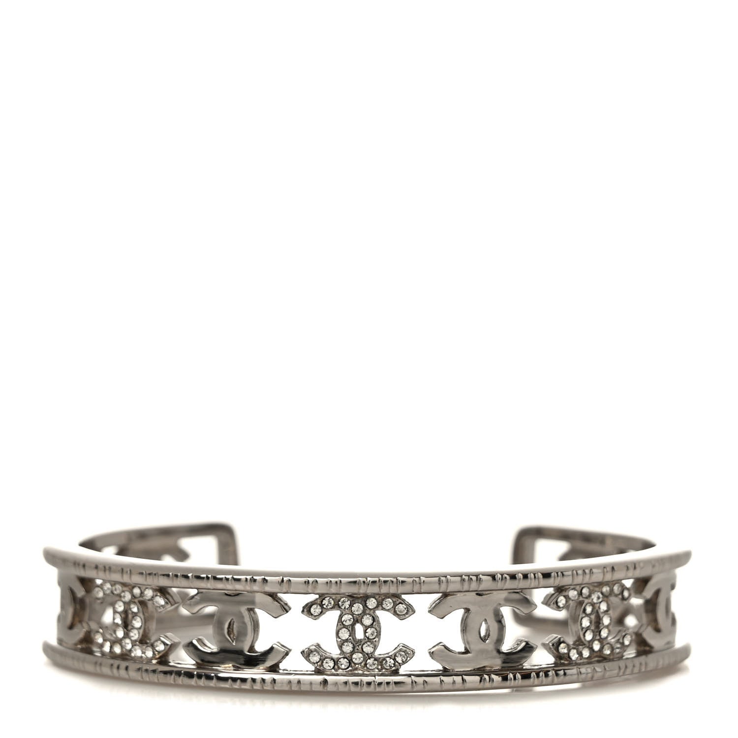 Chanel Metal Crystal CC Cuff Bracelet Silver 1 of 4