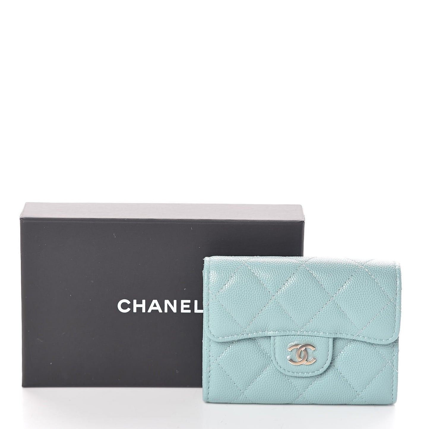 Caviar Quilted Flap Card Holder Wallet Light Blue