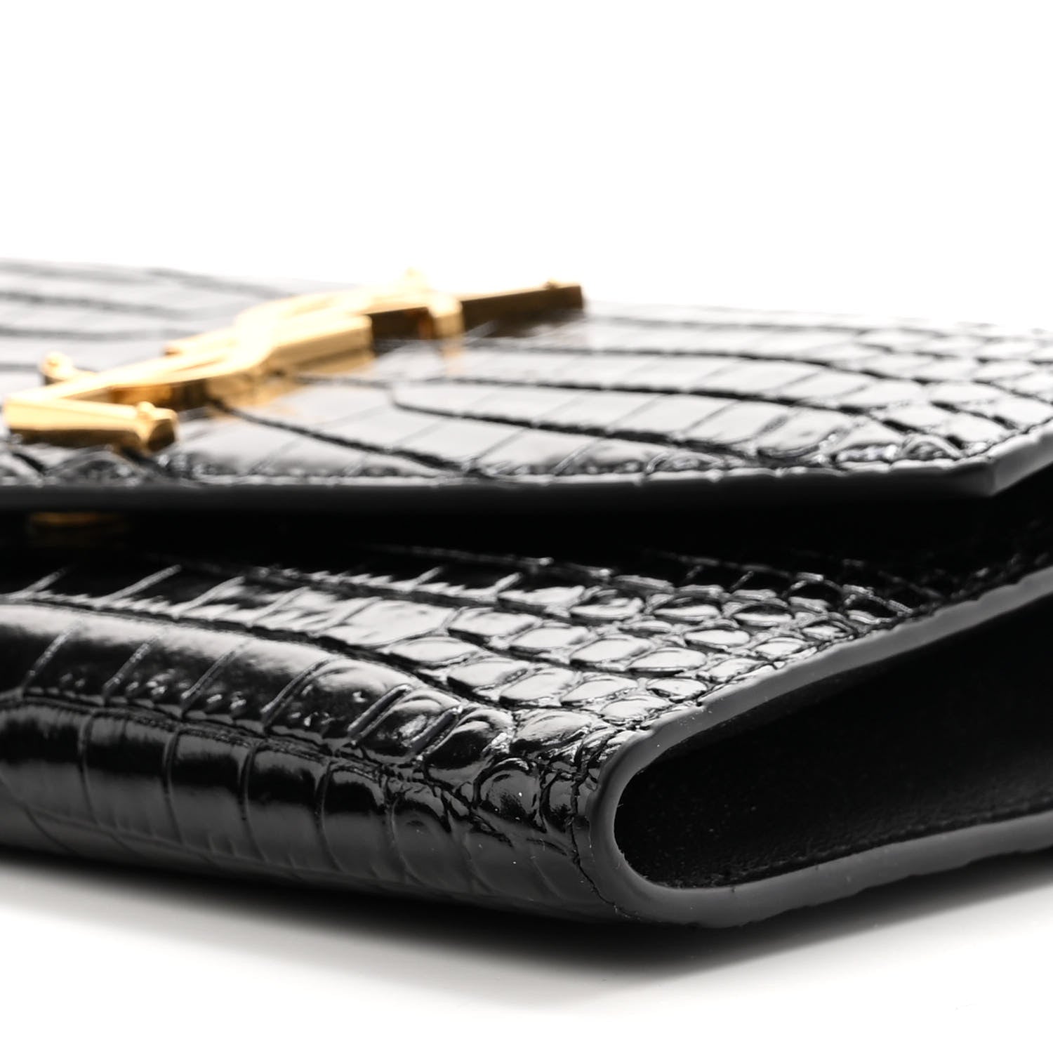 Saint Laurent Calfskin Crocodile Embossed Monogram Uptown Chain Wallet Black 11 of 12