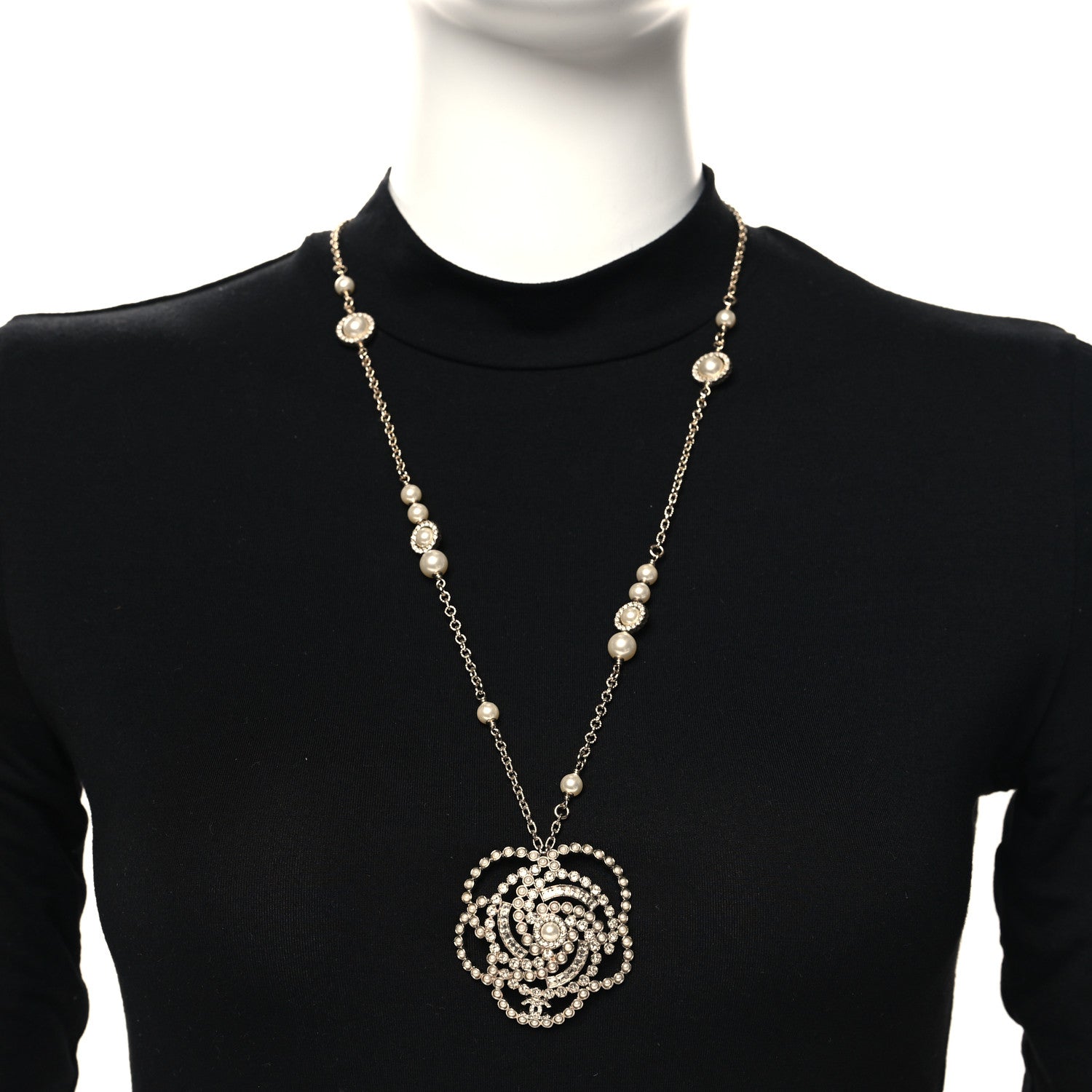 Chanel Pearl Crystal Lace Camellia Necklace Gold 2 of 5
