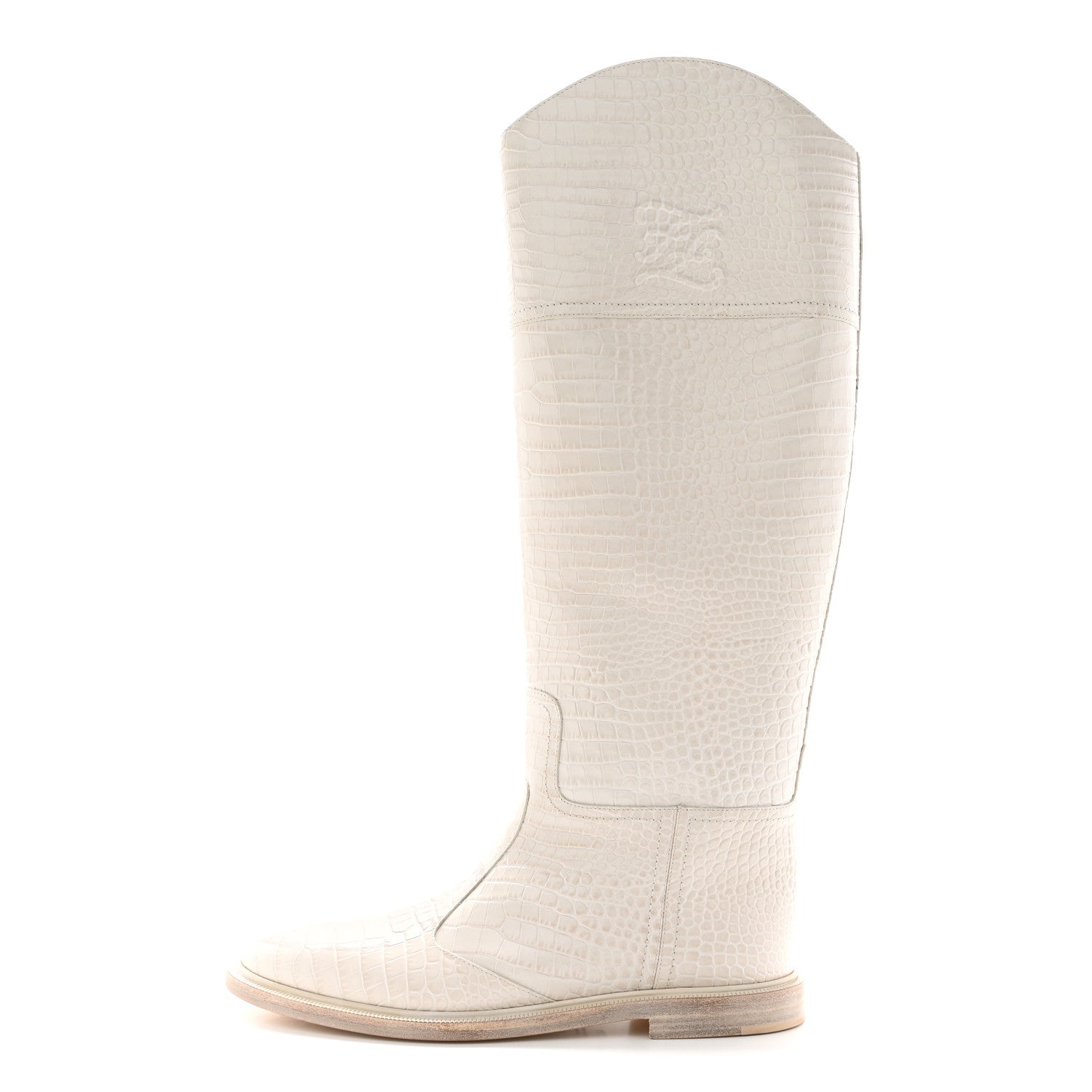 Fendi Calfskin Crocodile Embossed Karligraphy Logo Riding Boots 40.5 White 1 of 16