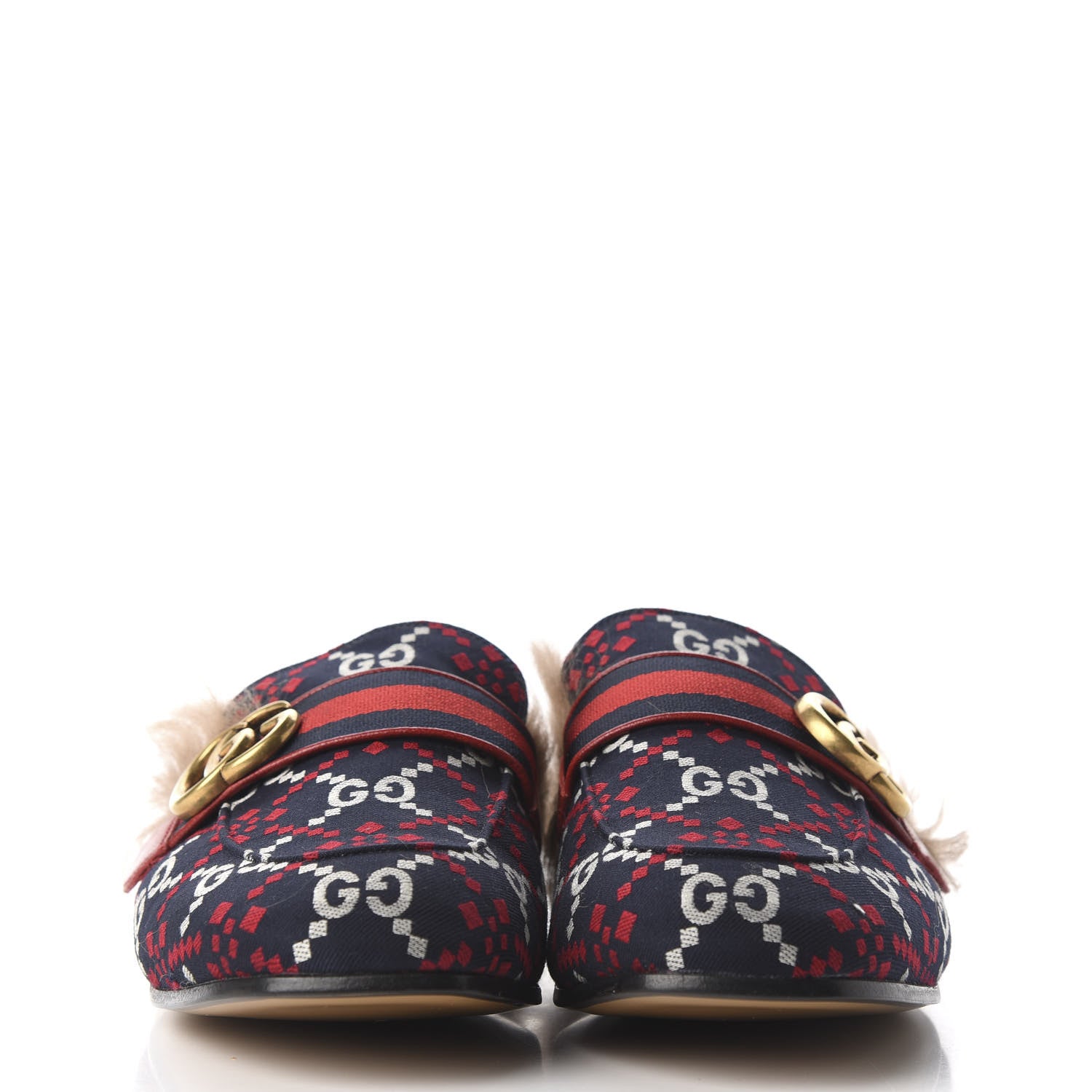 Gucci Canvas GG Monogram Diamond Fur Web GG Mens Princetown Slippers 6 Midnight Blue Hibiscus Red 2 of 8
