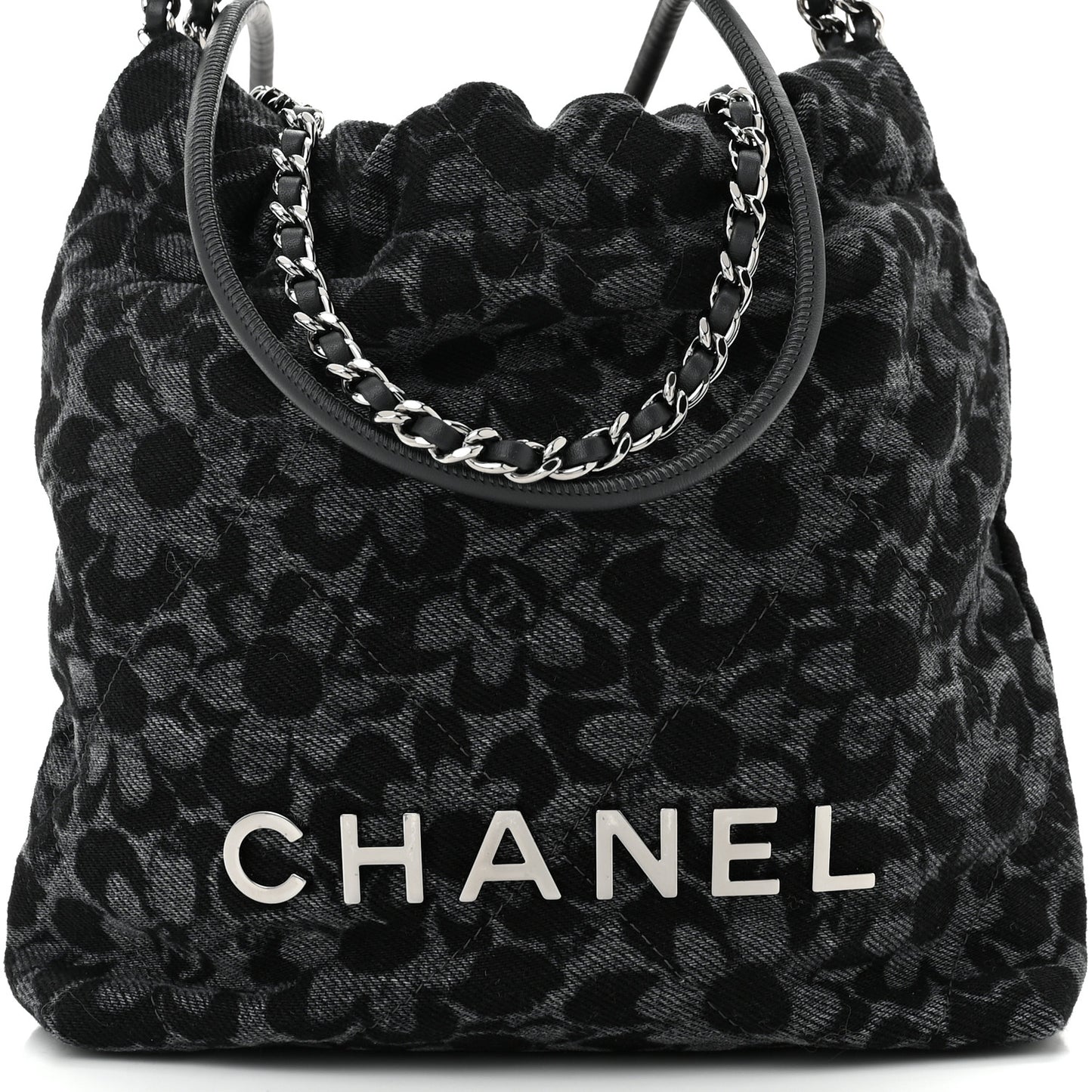 Denim Quilted Floral Print Mini Chanel 22 Black Grey