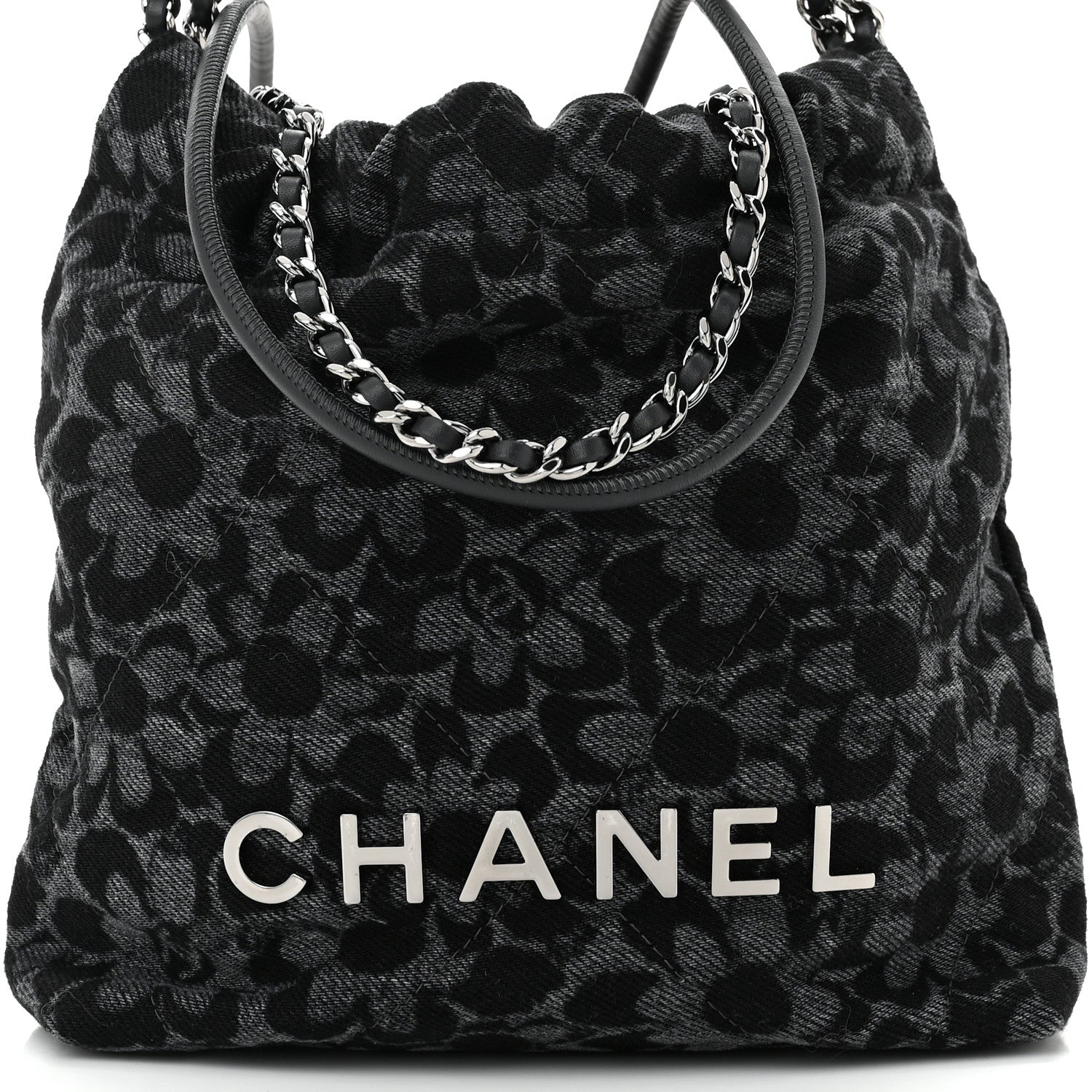Chanel Denim Quilted Floral Print Mini Chanel 22 Black Grey 8 of 10