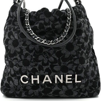 Chanel Denim Quilted Floral Print Mini Chanel 22 Black Grey 8 of 10