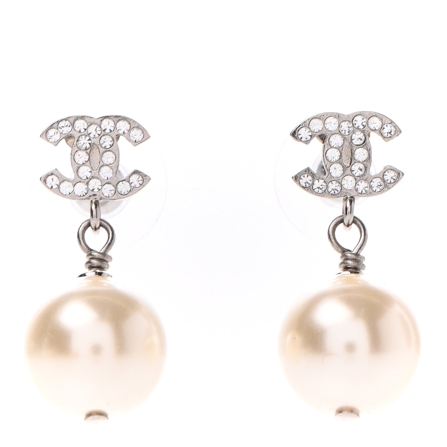 Crystal Pearl CC Drop Earrings Silver