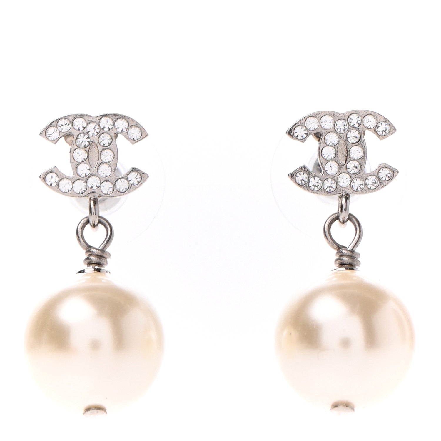 Chanel Crystal Pearl CC Drop Earrings Silver 1 of 4