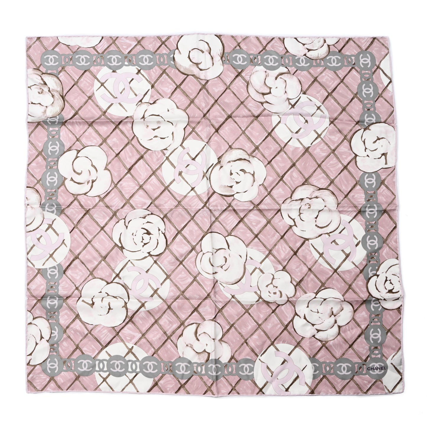 Silk CC Logo Camellia Scarf White Pink