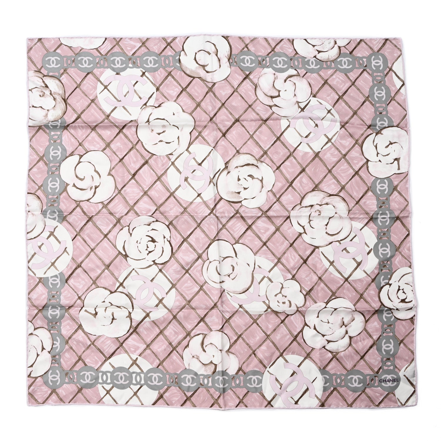 Chanel Silk CC Logo Camellia Scarf White Pink 1 of 7