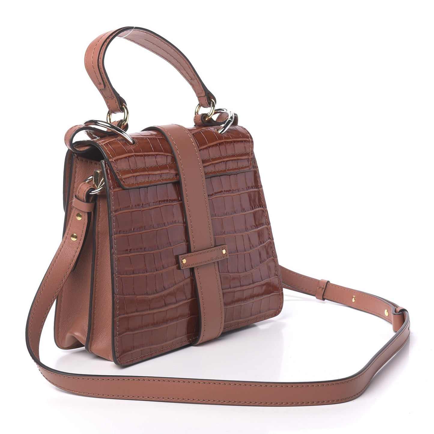 Calfskin Crocodile Embossed Small Aby Day Shoulder Bag Chestnut Brown