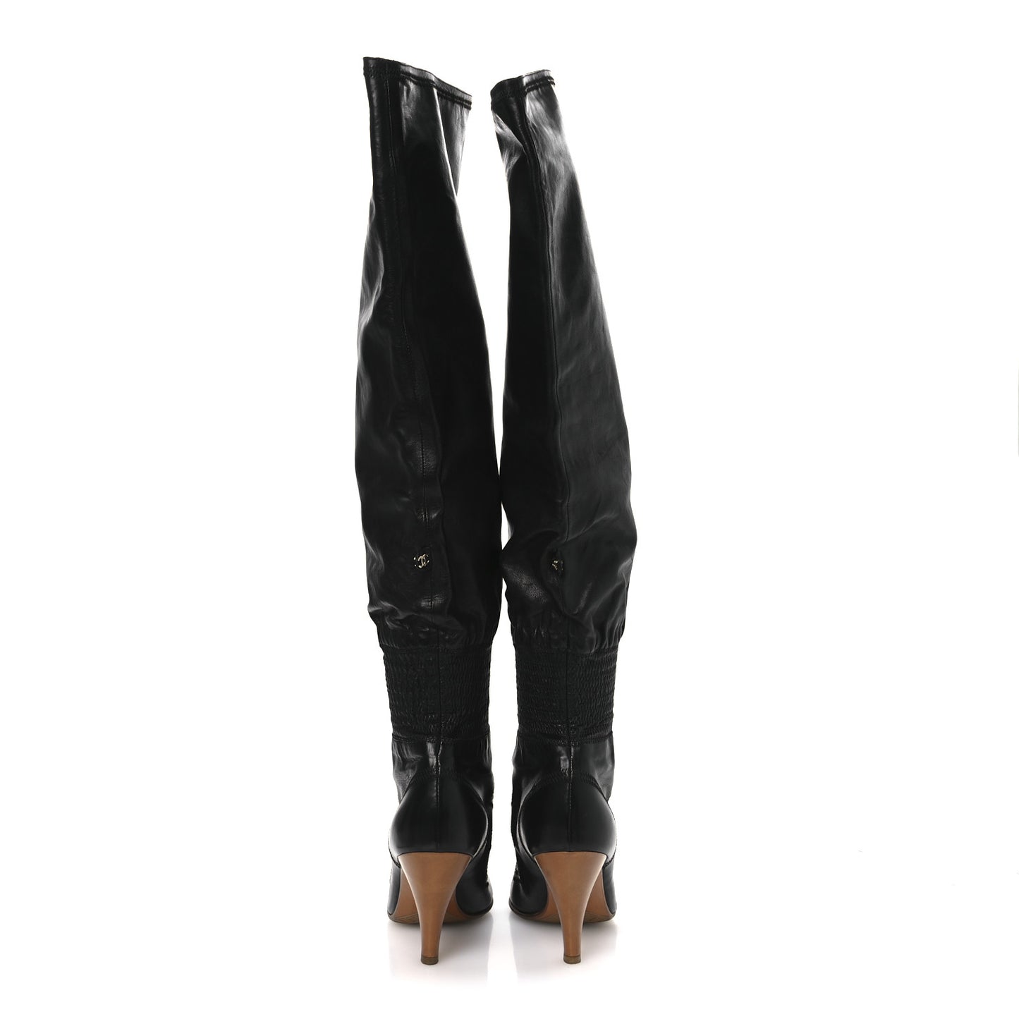 Calfskin Gathered Stitched High Boots 39.5 Black