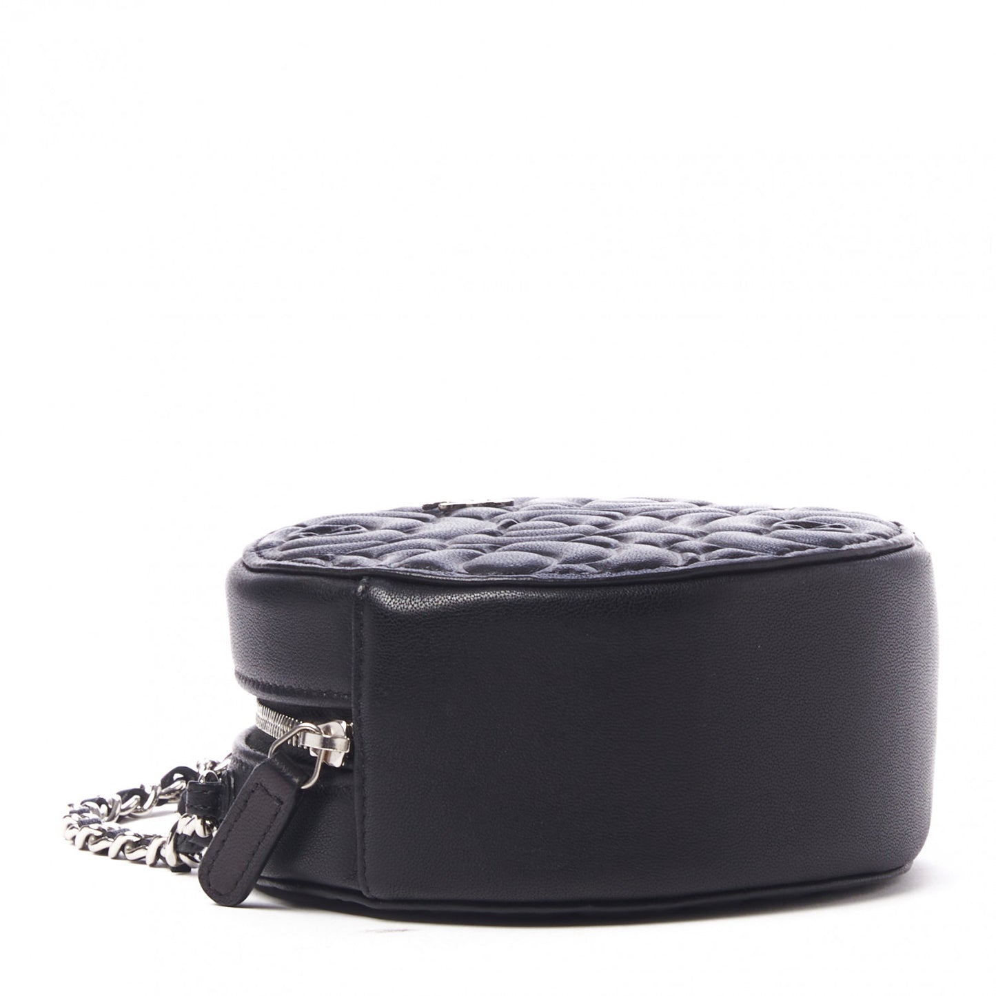 Lambskin Camellia Quilted Round Clutch With Chain Black