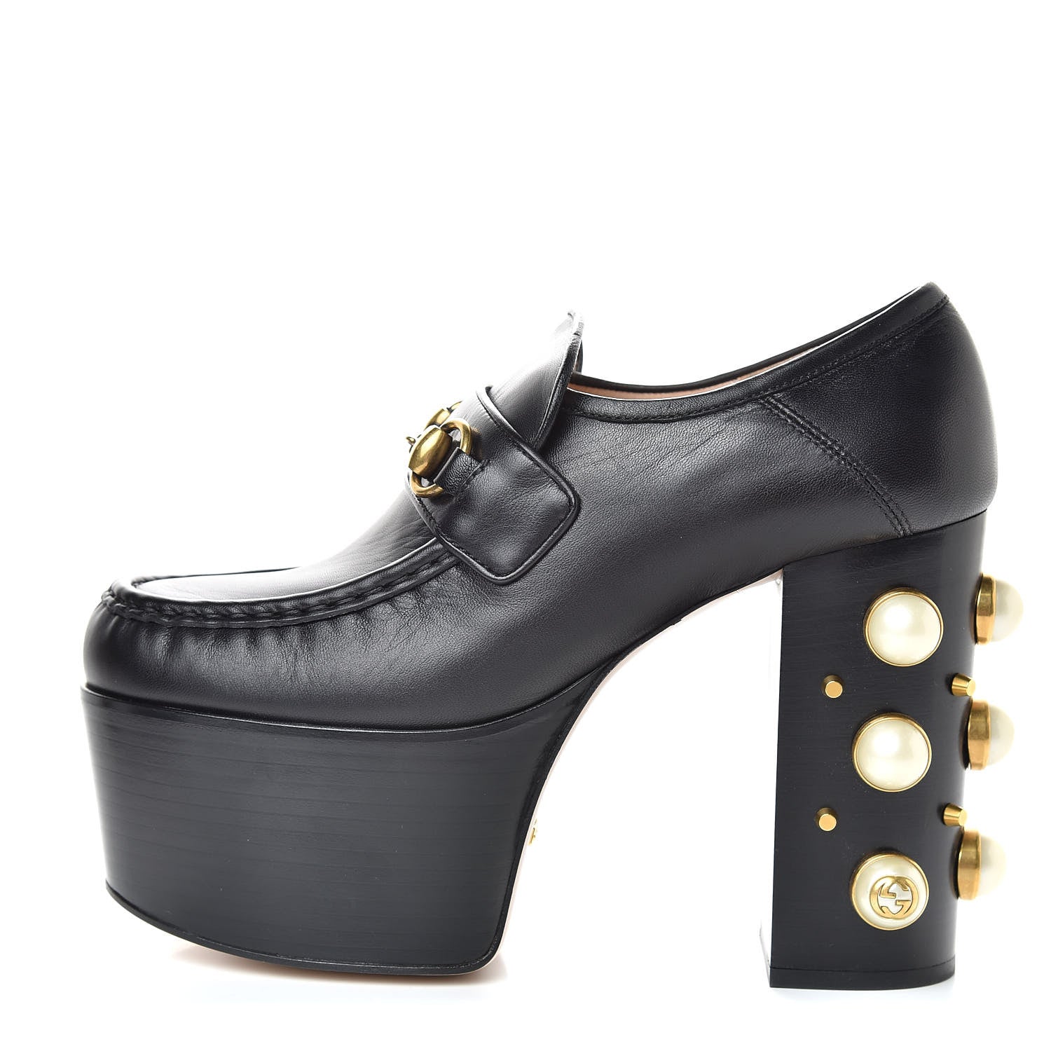 Gucci Malaga Kid Pearl Studded Vegas Platform Loafers 37.5 Black 1 of 9