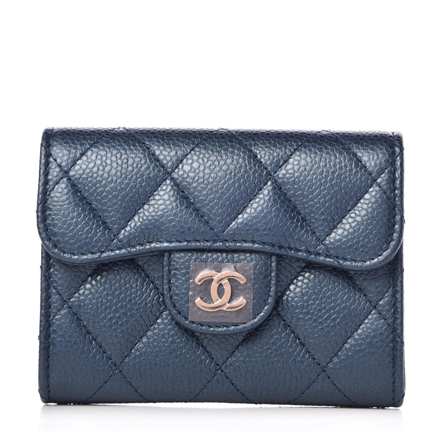 Metallic Caviar Quilted Flap Card Holder Wallet Dark Blue