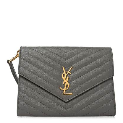 Saint Laurent Grain De Poudre Matelasse Chevron Monogram Envelope Clutch Fog 1 of 11