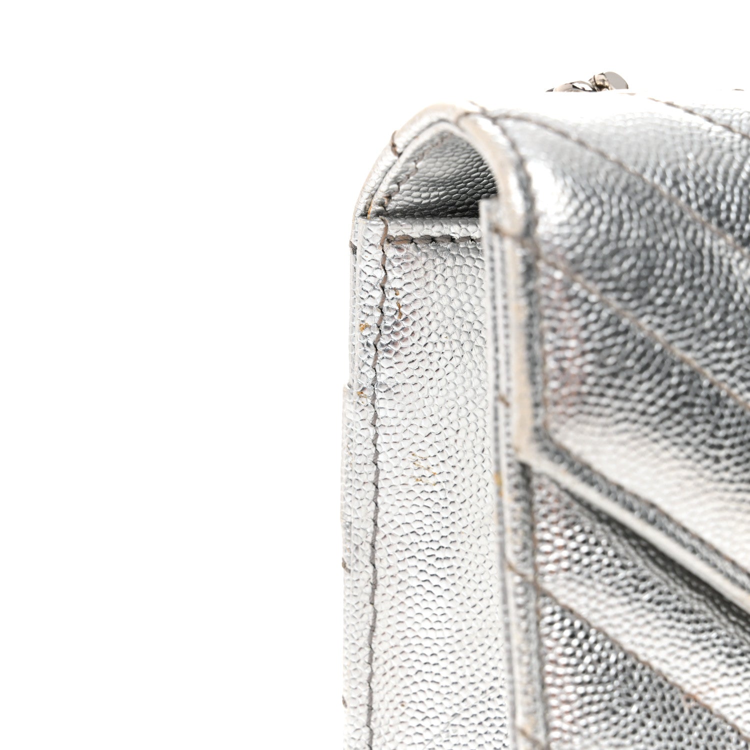 Saint Laurent Metallic Grain De Poudre Matelasse Chevron Small Monogram Satchel Silver 13 of 14