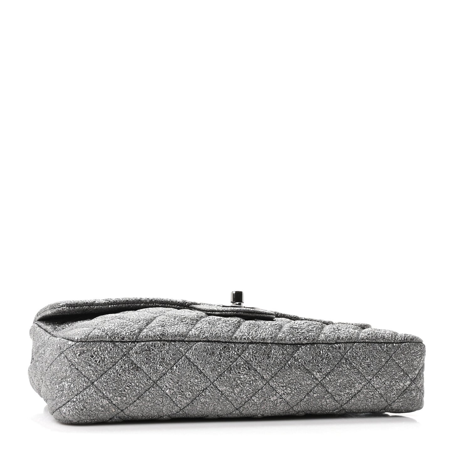 Metallic Crackled Calfskin Quilted East West Flap Dark Silver