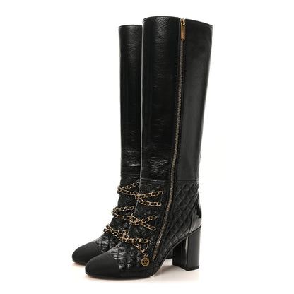 Chanel Lambskin Grosgrain Patent Chained High Boots 38 Black 4 of 10