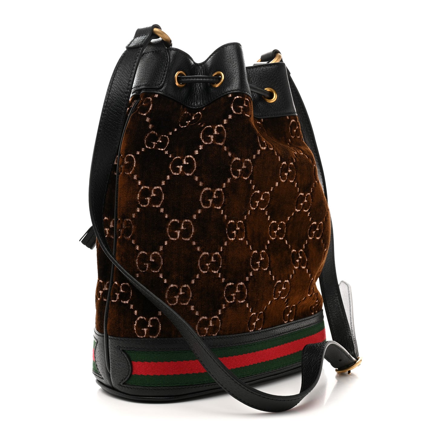 Velvet GG Monogram Textured Calfskin Web Bucket Bag Brown Black