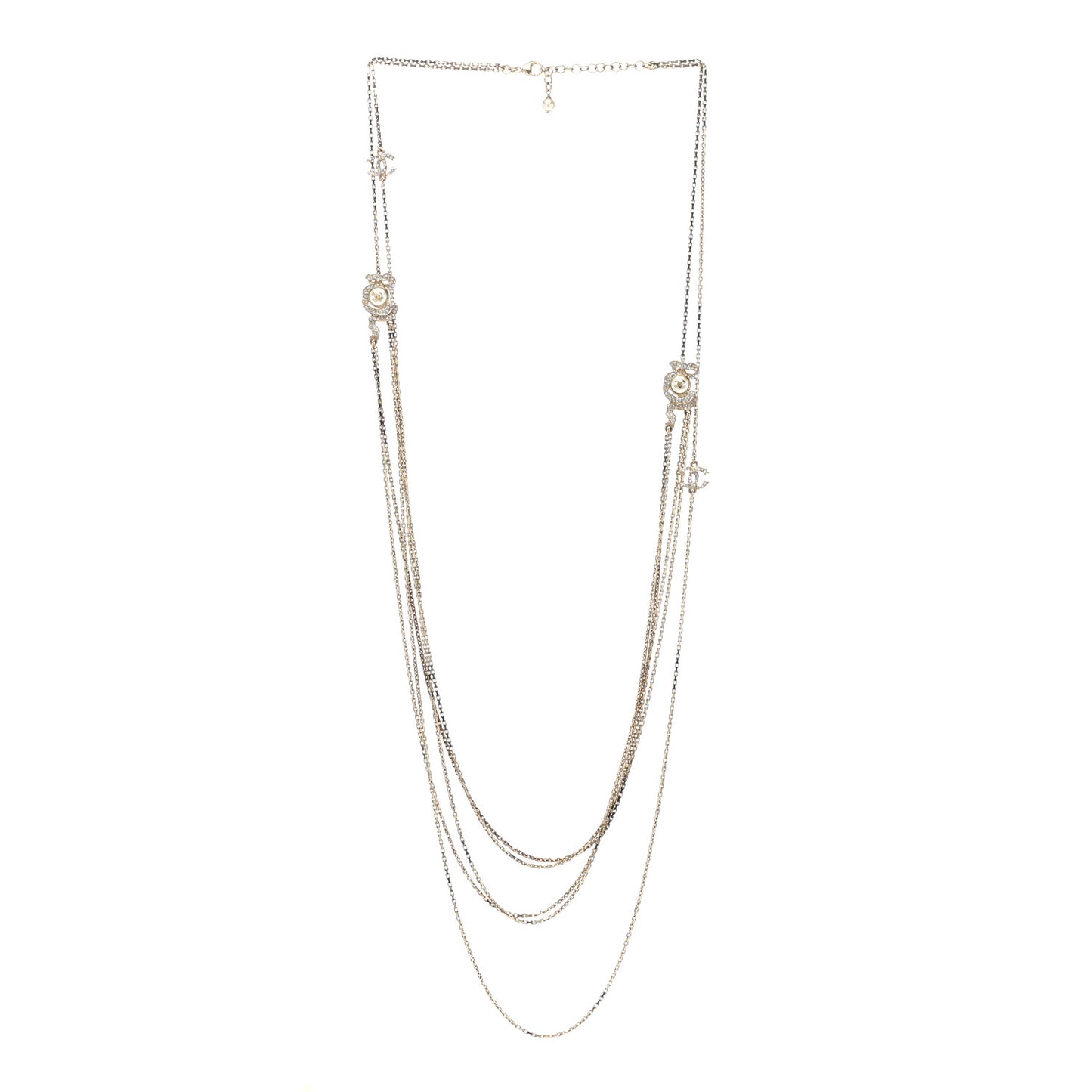 Crystal Pearl CC Long Multistrand Necklace Light Gold