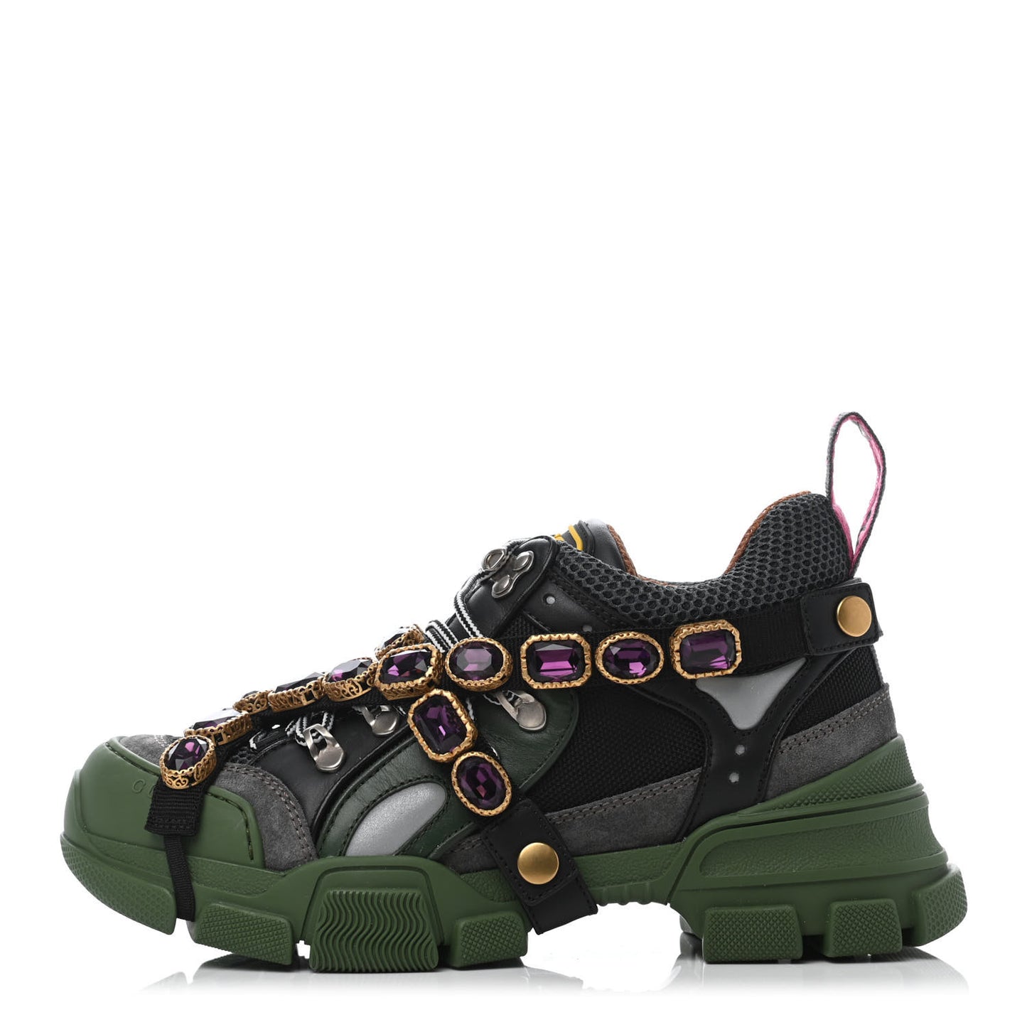 X SEGA Mesh Suede Calfskin Removable Crystals Flashtrek Sneakers 37.5 Loess Black Olive Green