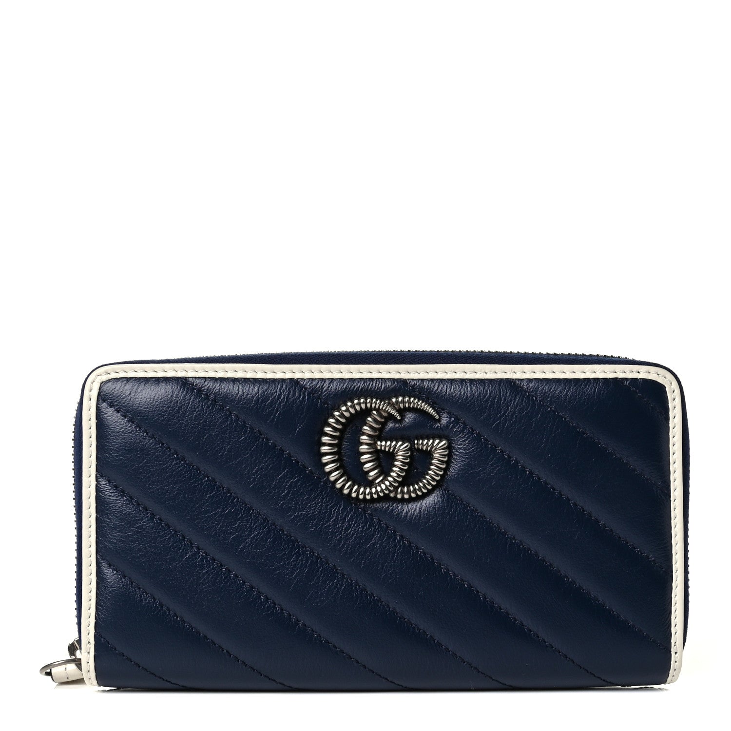 Gucci Vintage Effect Calfskin Matelasse Diagonal Torchon GG Marmont Zip Around Wallet Blue Agata Mystic White 1 of 5