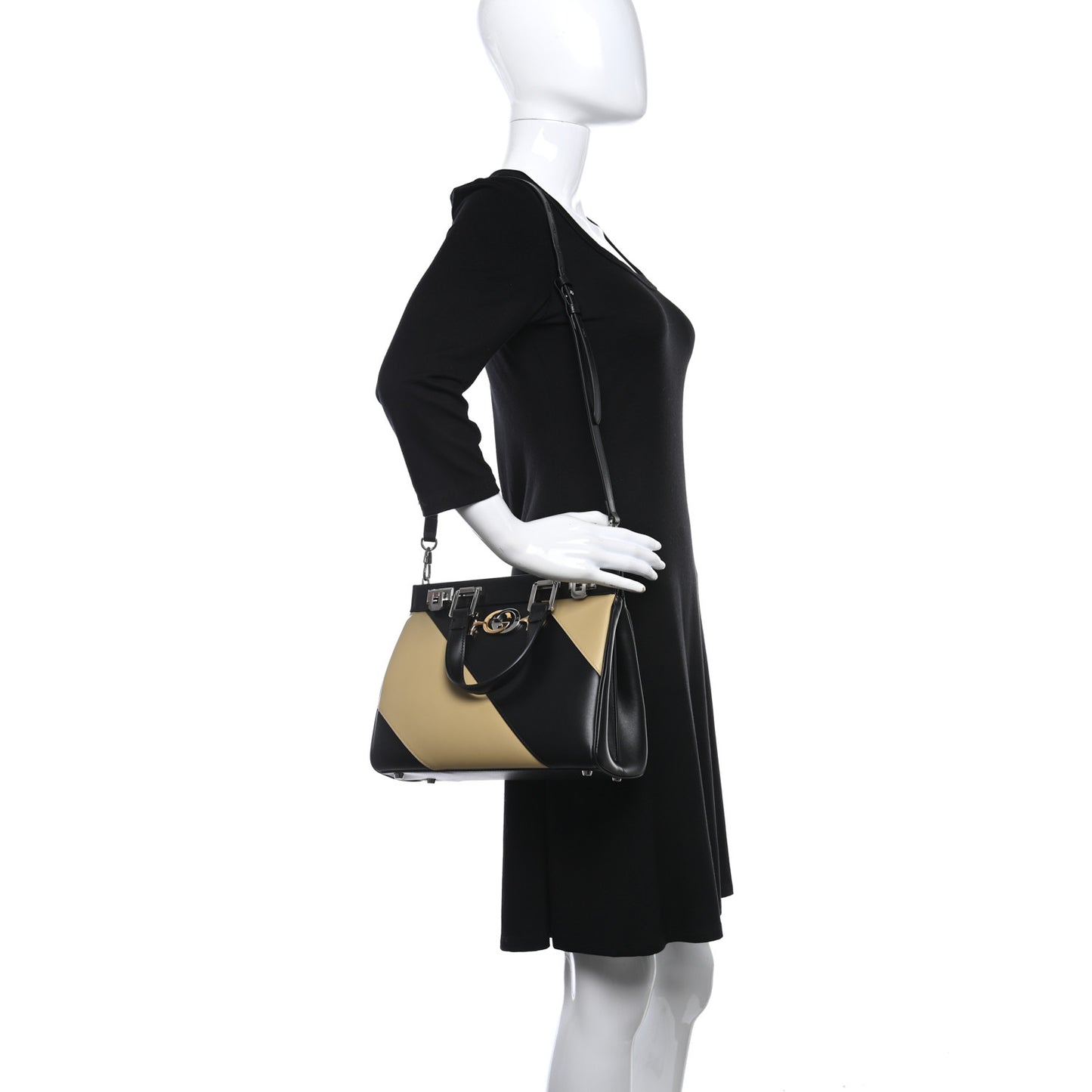Smooth Calfskin Diagonal Striped Small Zumi Top Handle Bag Black Beige