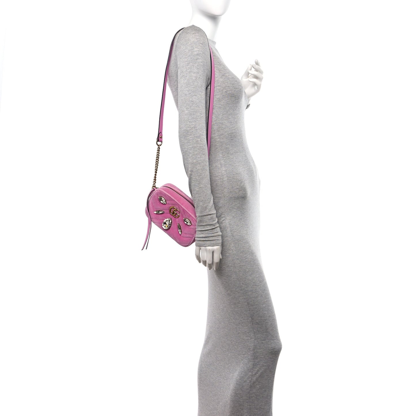Velvet Matelasse Marquise Crystals Mini GG Marmont Chain Shoulder Bag Malva