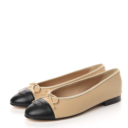 Chanel Lambskin Cap Toe CC Ballerina Flats 40 Beige Black 3 of 10