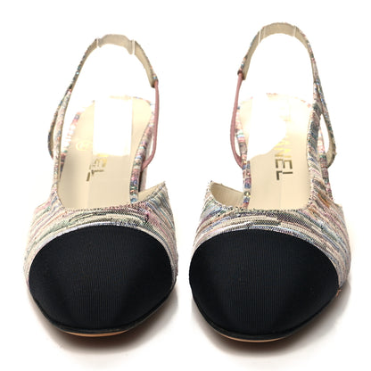 Chanel Tweed Grosgrain Cap Toe CC Slingback Pumps 37 Iridescent Multicolor Black 2 of 8
