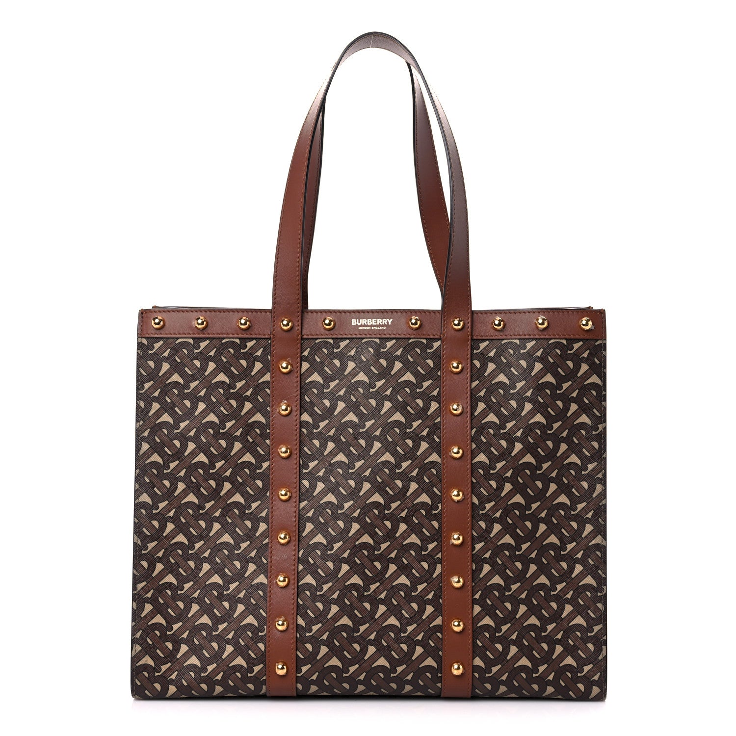 Burberry E-Canvas Monogram Studded Book Tote Bridle Brown 1 of 12
