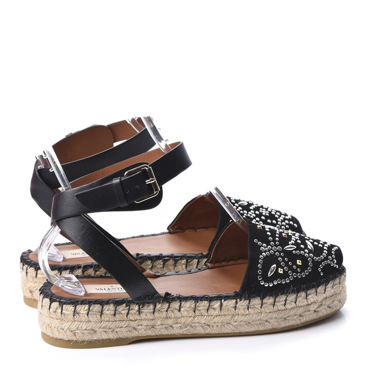 Suede Studded Peep Toe Ankle Wrap Flatform Espadrilles 40 Black
