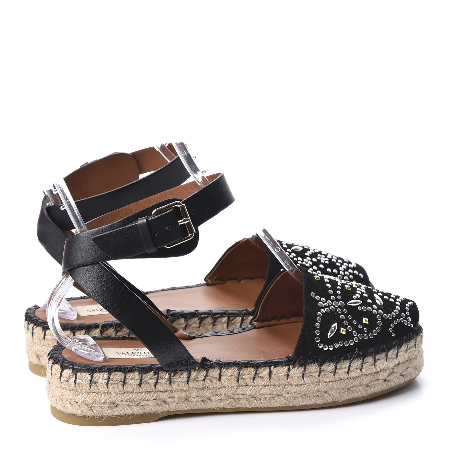 Valentino Garavani Suede Studded Peep Toe Ankle Wrap Flatform Espadrilles 40 Black 4 of 10