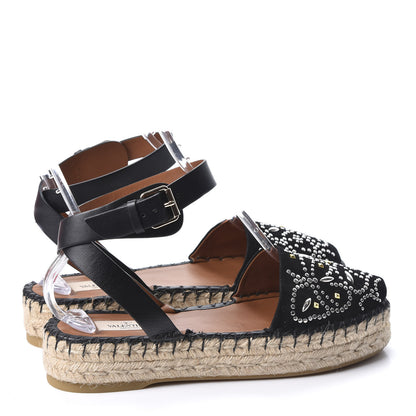 Valentino Garavani Suede Studded Peep Toe Ankle Wrap Flatform Espadrilles 40 Black 4 of 10