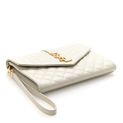 Saint Laurent Grain De Poudre Textured Mixed Matelasse Triquilt Monogram Clutch Crema Soft 4 of 7