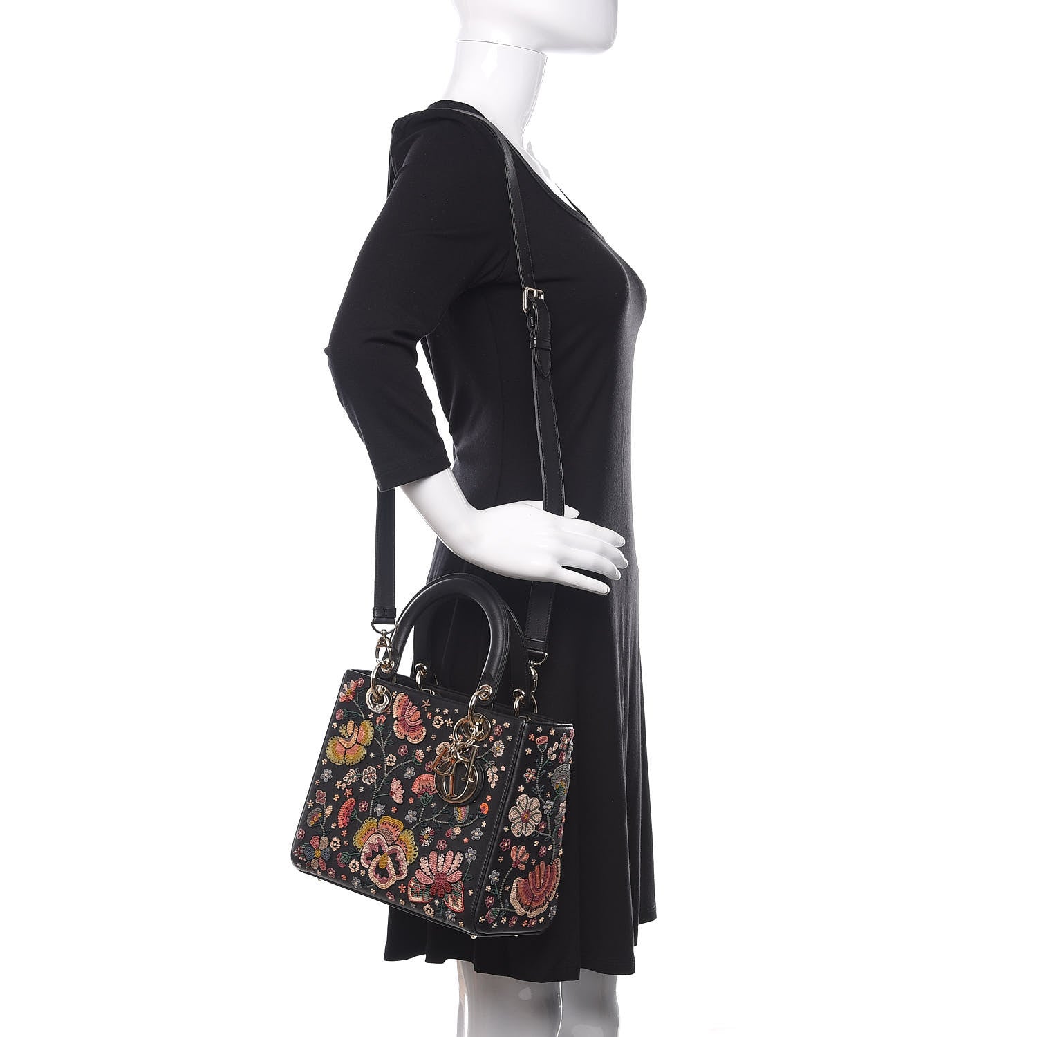 Christian Dior Smooth Calfskin Embroidered Beaded Floral Medium Lady Dior Black Multicolor 2 of 12