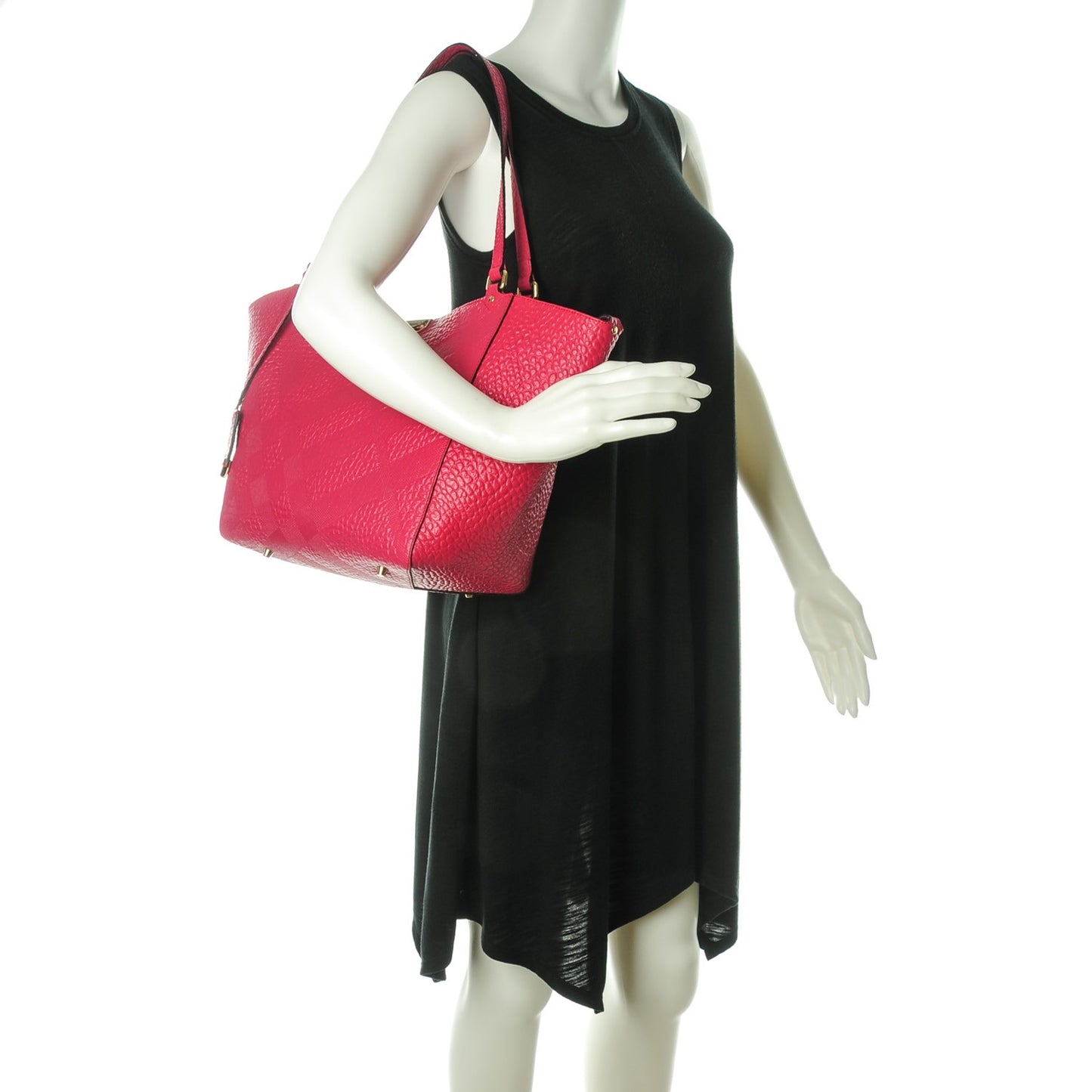 Signature Grain Calfskin Check Embossed Small Canterbury Tote Vibrant Fuchsia