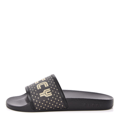 Gucci X SEGA Supreme Canvas GUCCY Stars Womens Slide Sandals 39 Black Gold 1 of 9