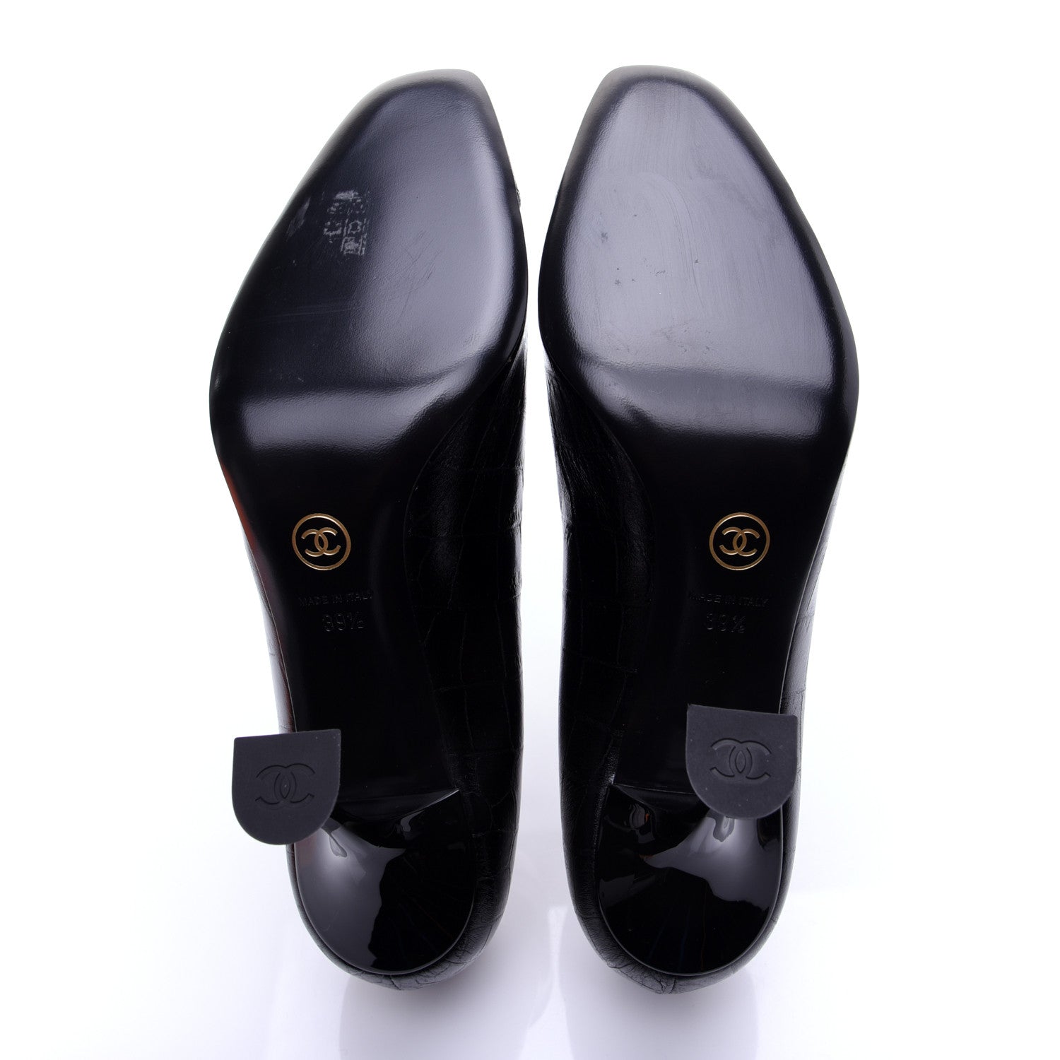 Chanel Crocodile Embossed Crumpled Patent Cap Toe Pumps 39.5 Black 10 of 13