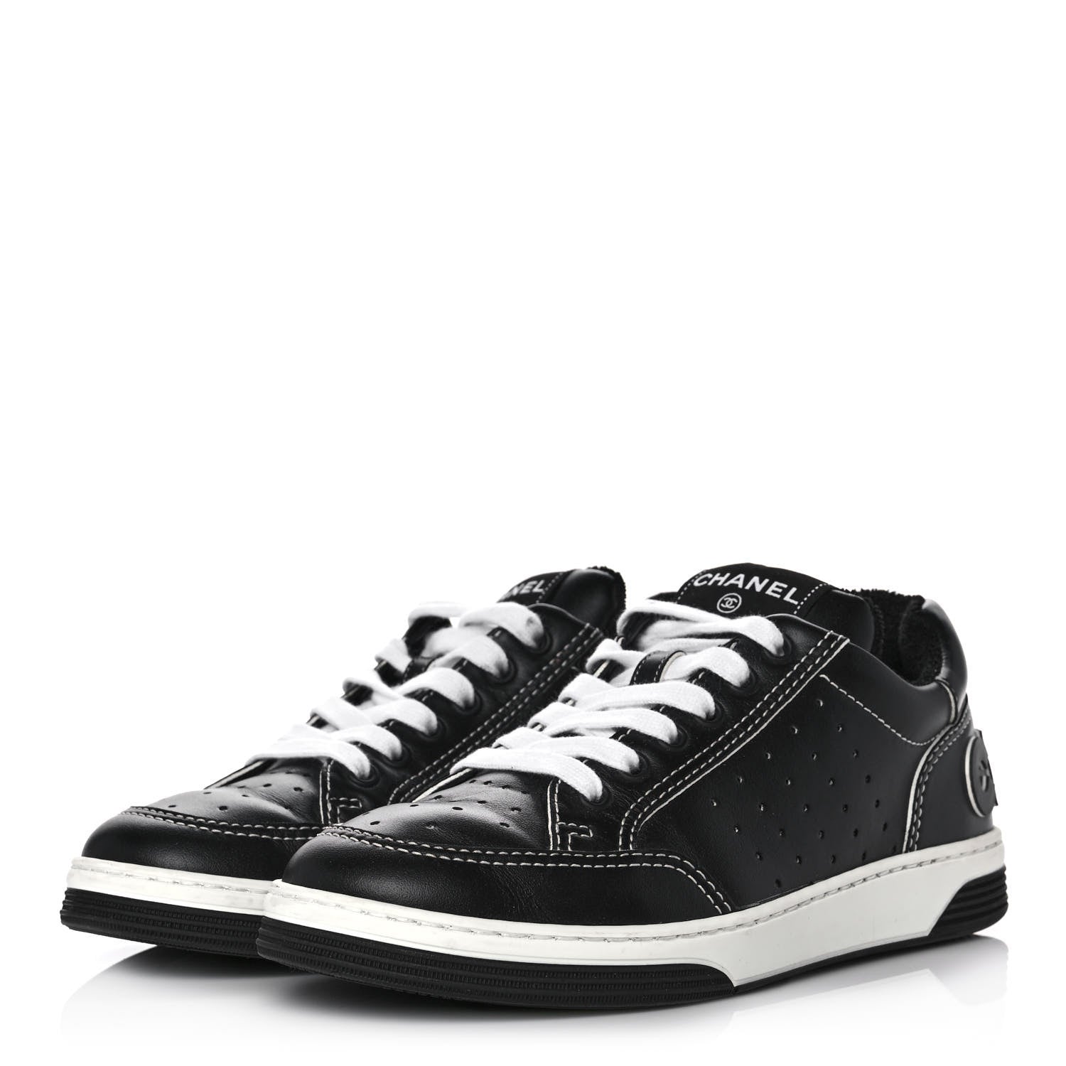 Chanel Calfskin Womens Logo Sneakers 37 Black White 3 of 9