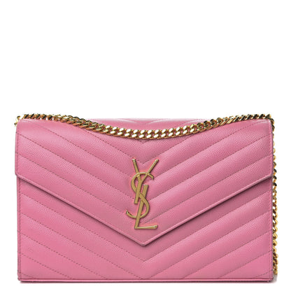 Saint Laurent Grain De Poudre Matelasse Chevron Monogram Chain Wallet Indian Pink 1 of 12