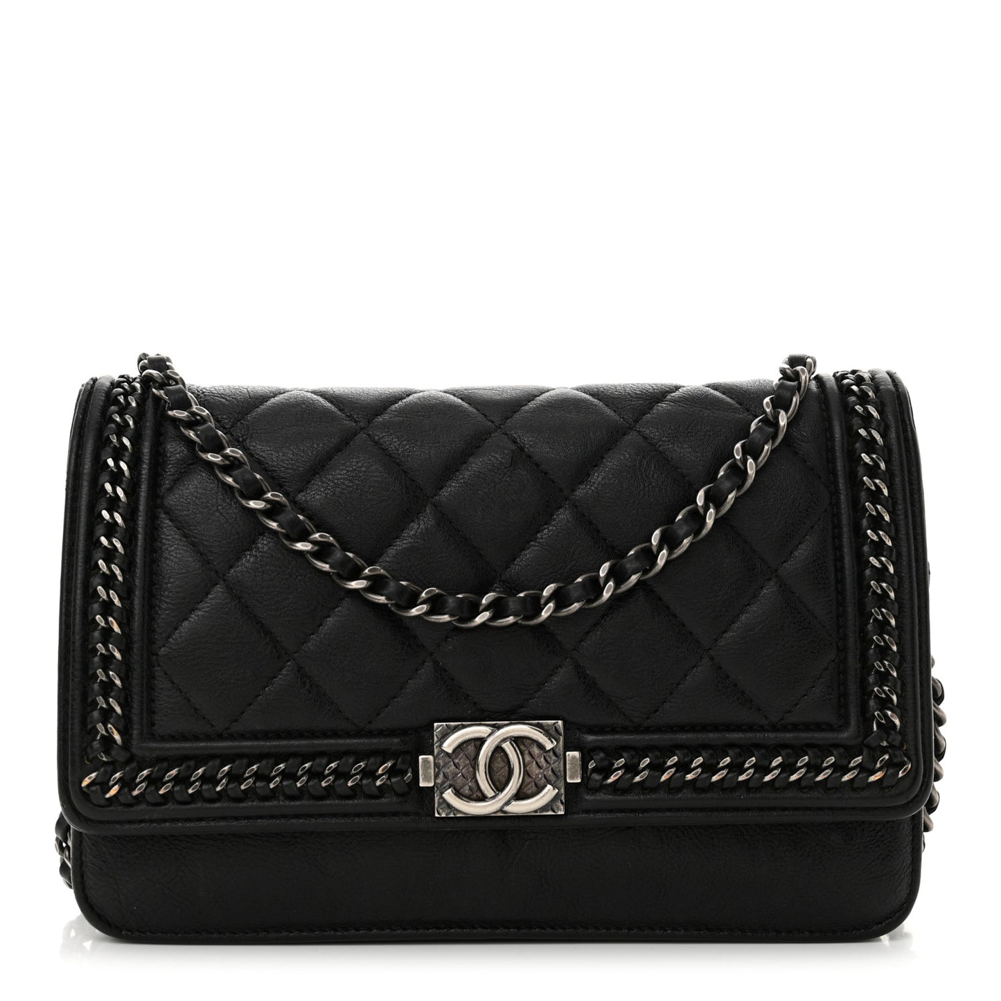 Calfskin Quilted Chain Around Boy Wallet On Chain WOC Black