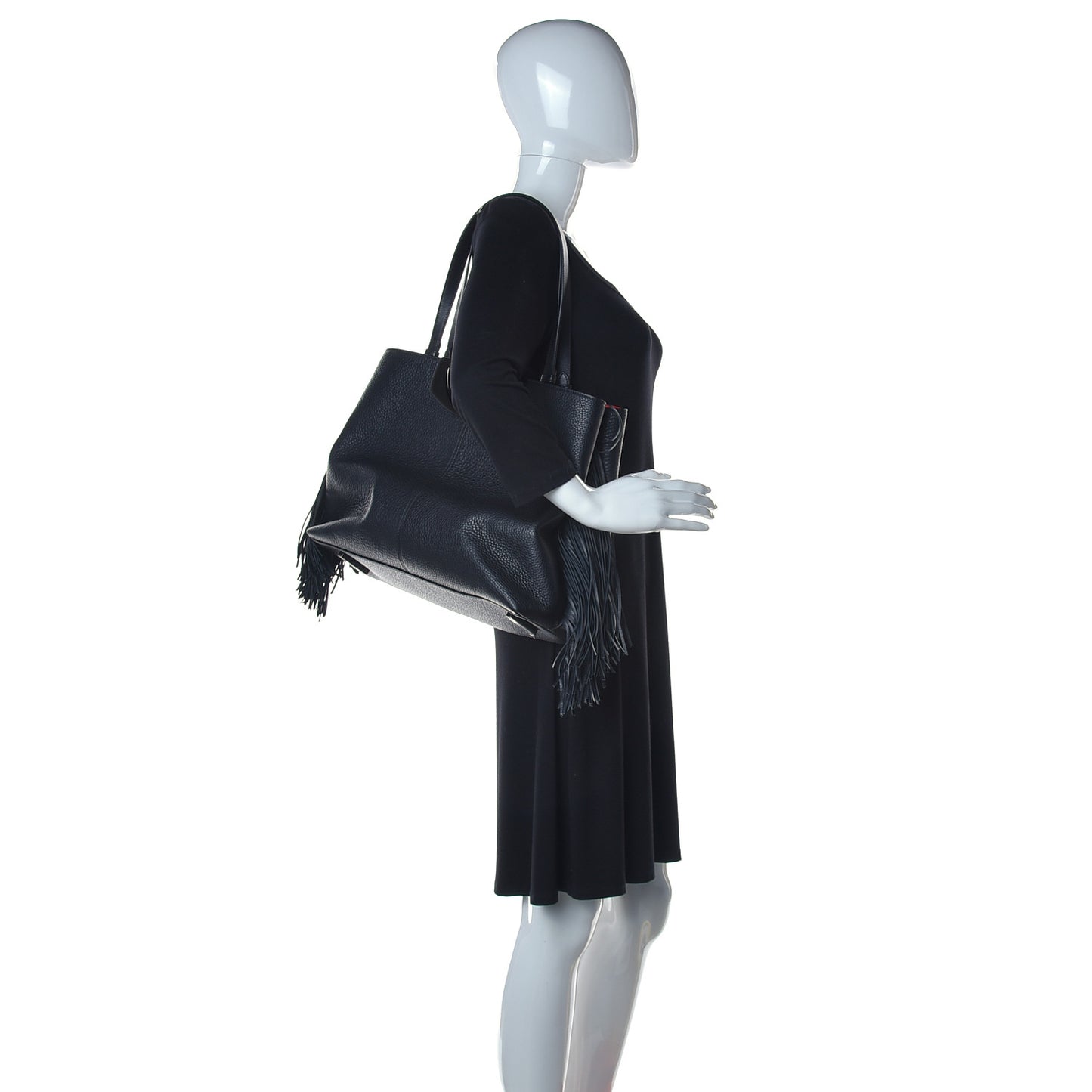 Grained Calfskin Passage Fringe Shopping Tote Black