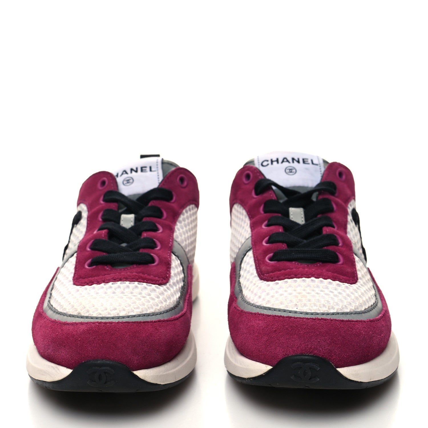 Chanel Mesh Suede Calfskin Womens CC Sneakers 37 White Dark Pink Grey 2 of 6