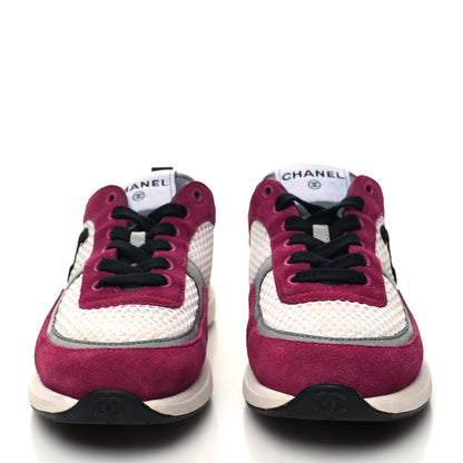 Chanel Mesh Suede Calfskin Womens CC Sneakers 37 White Dark Pink Grey 2 of 6