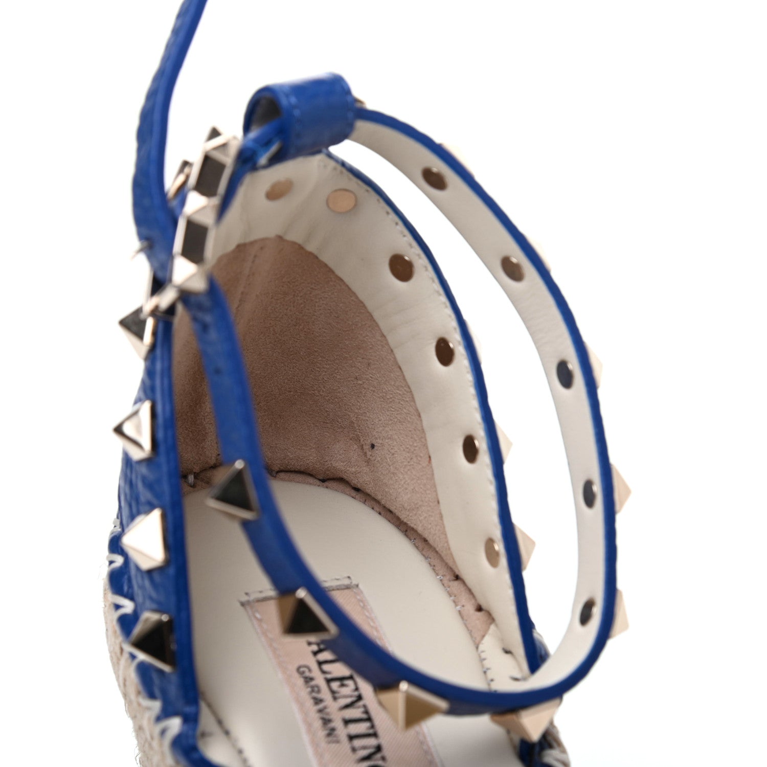 Valentino Garavani Grained Calfskin Rockstud Ankle Strap Espadrille 15/105mm Wedge Sandals 36 Blu Delft Natural 10 of 12