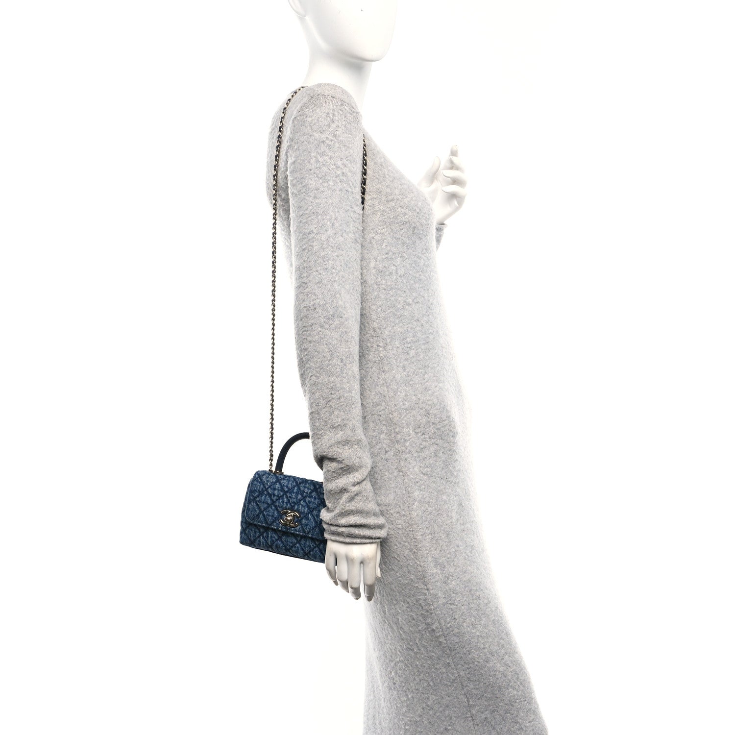 Chanel Washed Denim Calfskin Quilted Coco Handle Clutch With Chain Blue 2 of 10